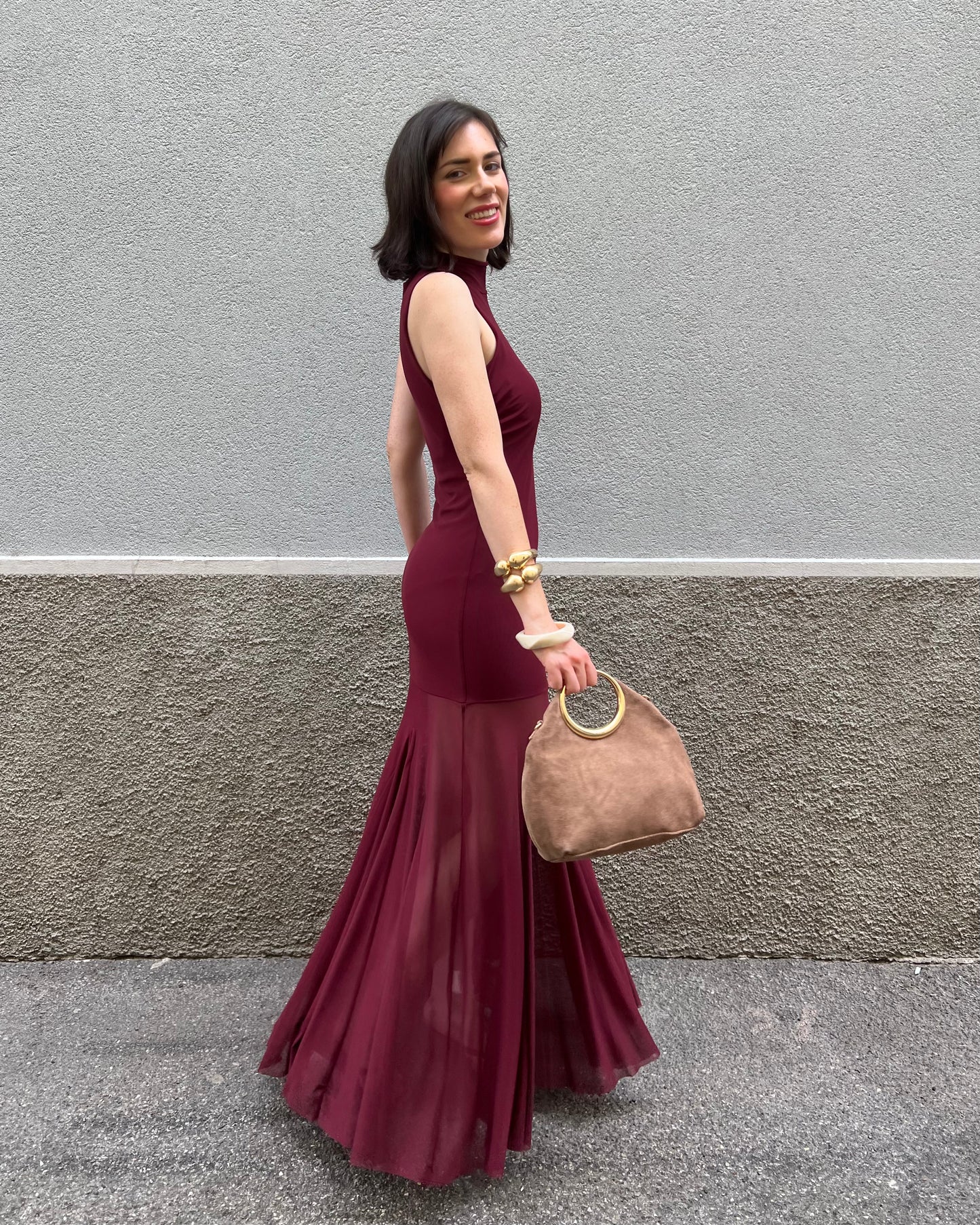 Abito lungo Lumina con gonna in tulle trasparente
