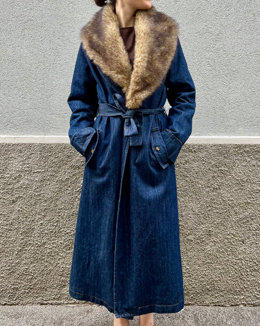 Trench in denim con pelliccia